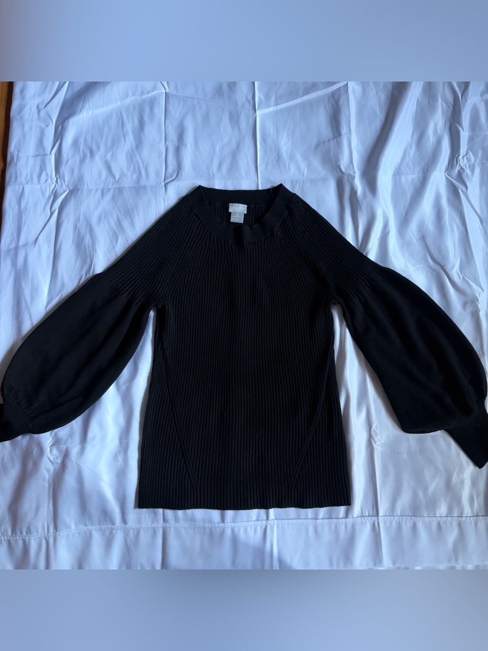 Chico's Ribbed Sweater Size 0 Small Black Balloon Sleeve Crew Neck